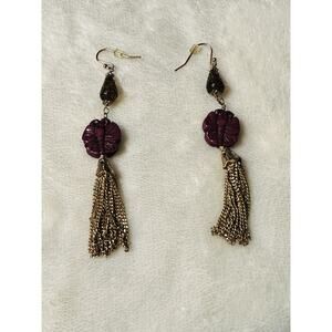 Vintage Maroon Bead Fringe Tassel Earrings Boho Indie Festival Jewelry Retro